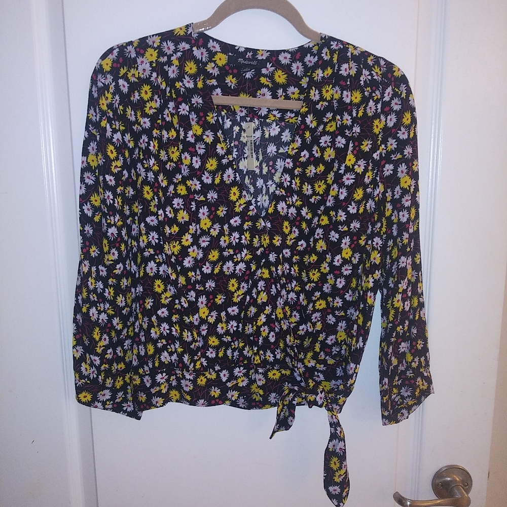 Madewell Balck Floral Wrap Side Tie Top NWT